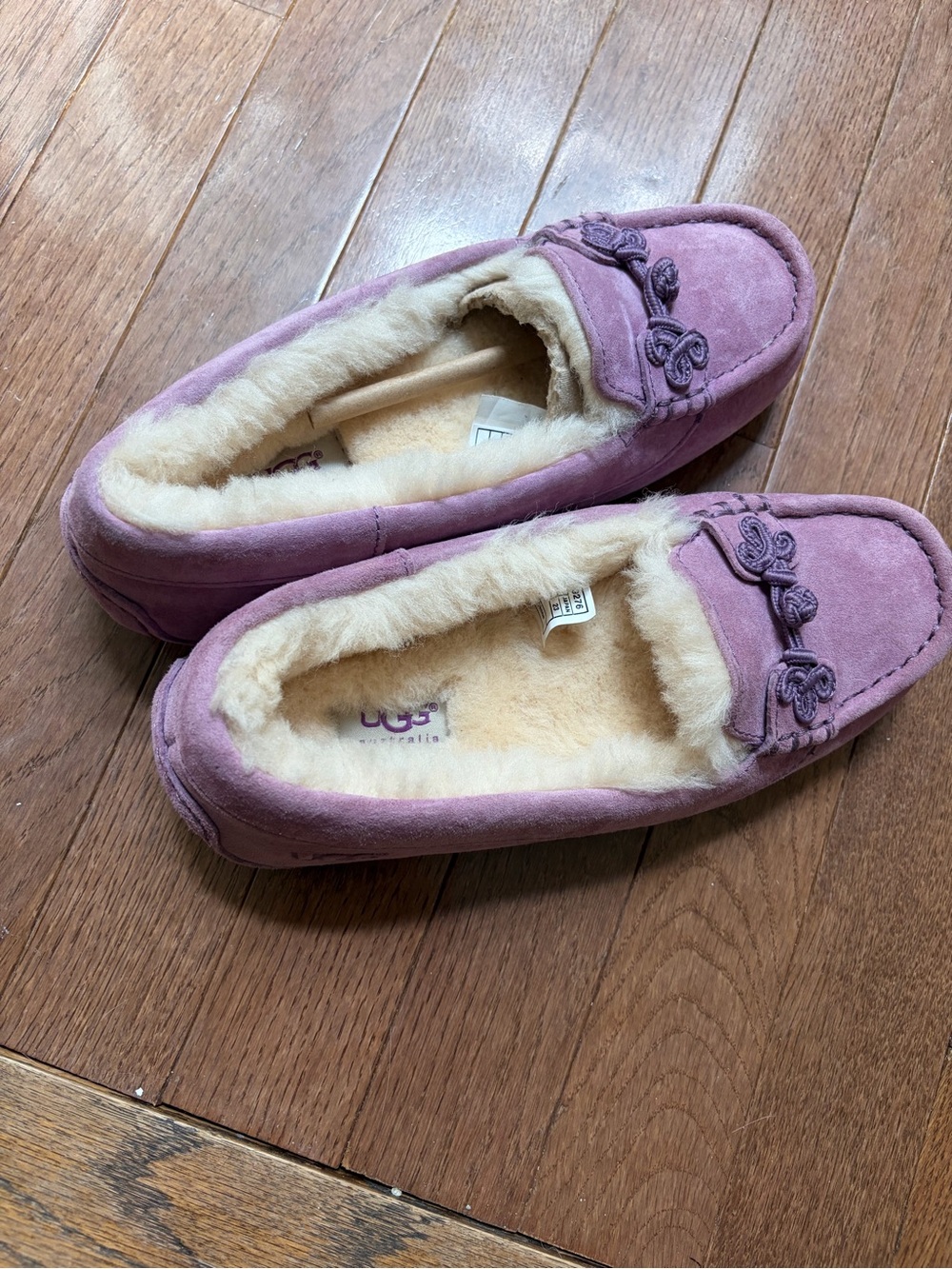 UGG Pink Suede Sheepskin-Lined Moccasin Slippers